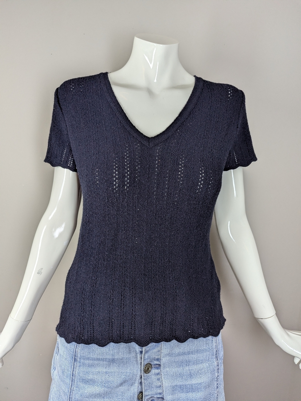 Vintage 90s Navy Knit Top Colori Collection Minimalist V Neck Fitted S